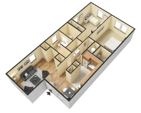Floor plan for 2 beds, 2 baths, 1000 sqft